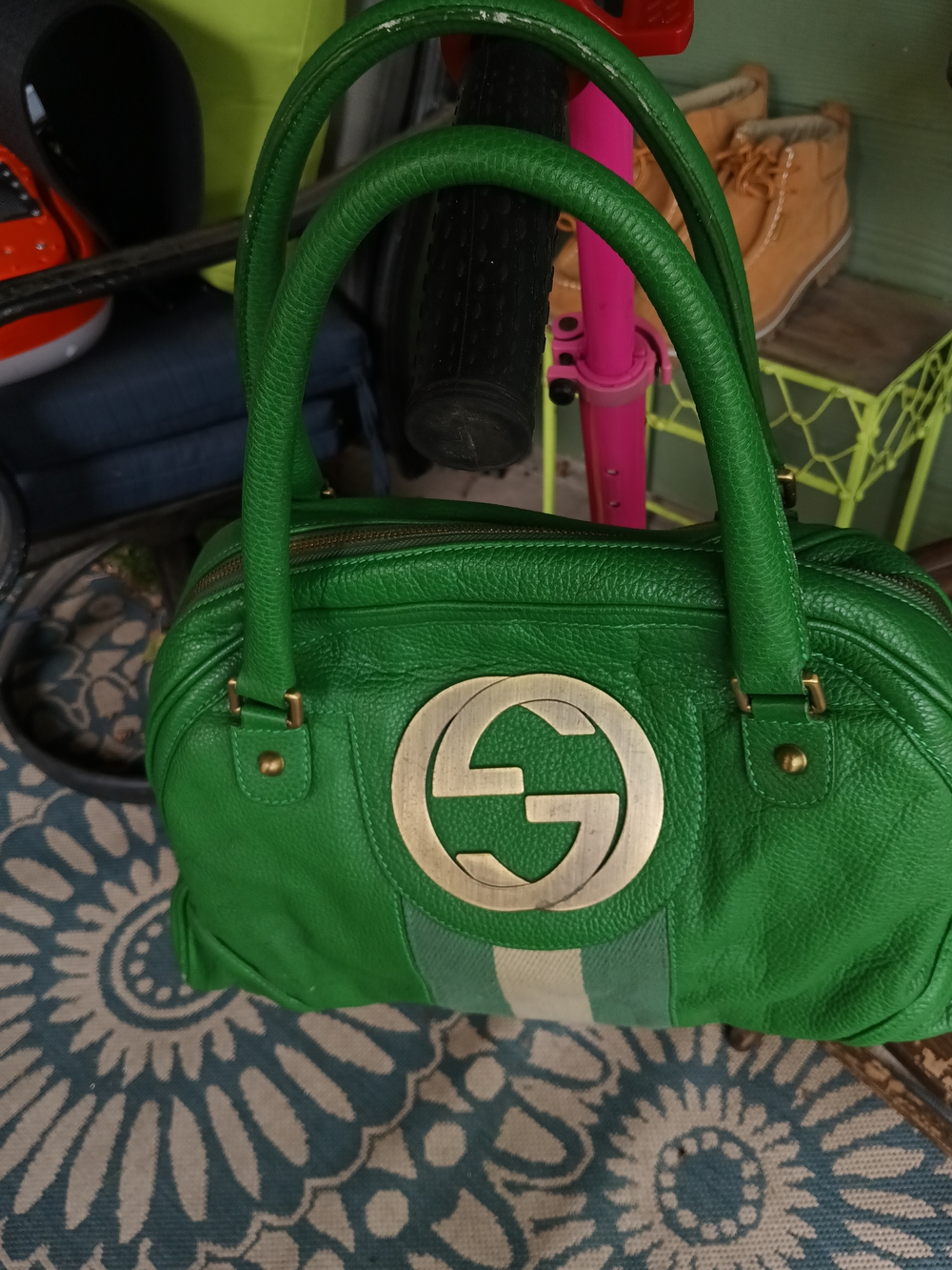Vintage Green Leather Satchel with Signature Round Gold Metal Emblem
